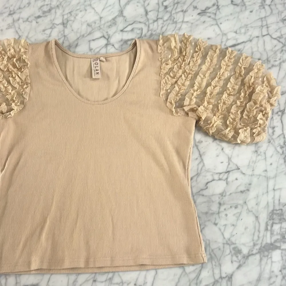 Anthropologie Dolan Top Knitted Puff Sleeve Pullover Beige Sz XL